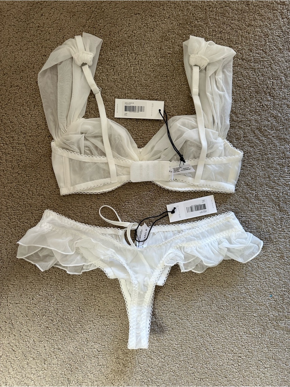 Kat The Label Sheer Lace Underwire Bra & Ruffle Thong Set - White - Picture 2 of 5